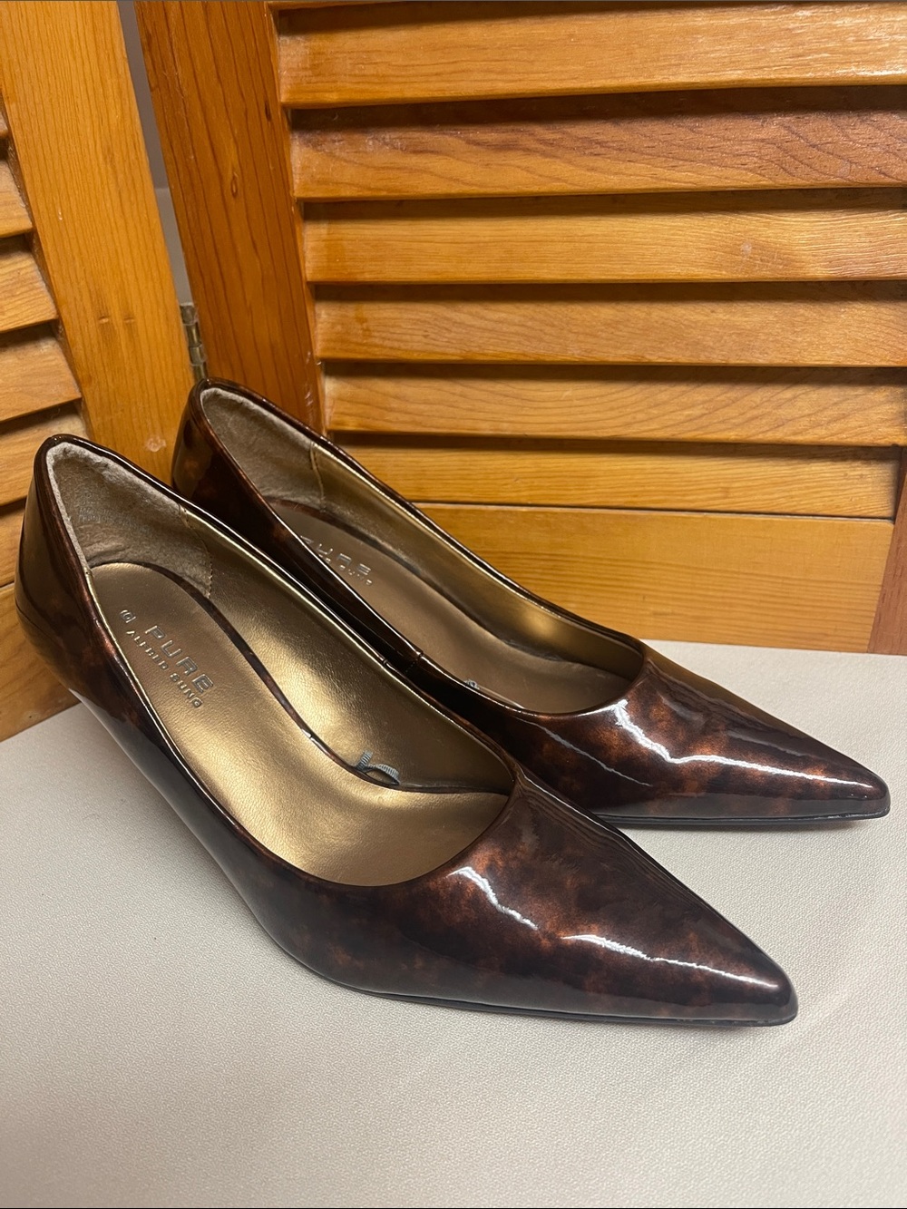 Pure by Alfred Sung Pointed-Toe Patent Pumps in Brown Tortoiseshell
